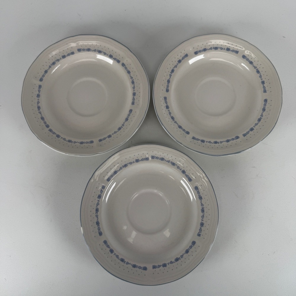 Tienshan Stoneware Blue Rose Heart Saucers Set of 3 Scalloped Edge Country Style